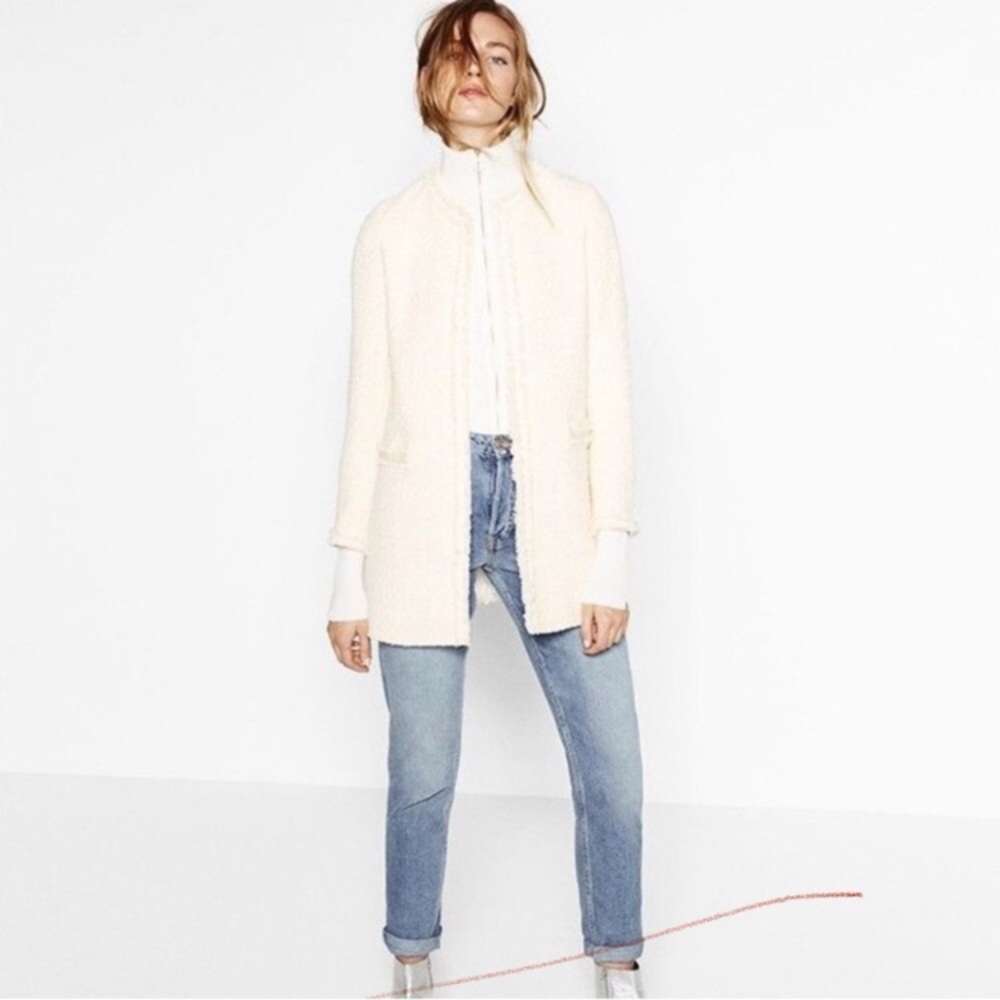 Zara Womens Jacket Long Blazer Coat Frayed Tweed Zip Fashion Business Casual S